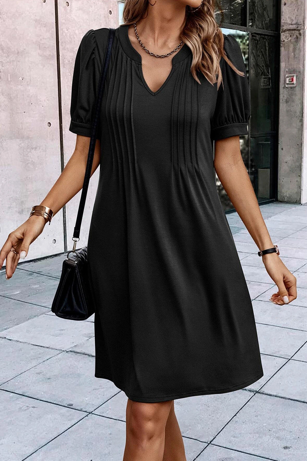 Desert Palm Notched Neck Pleated Puff Sleeve Shift T-shirt Dress