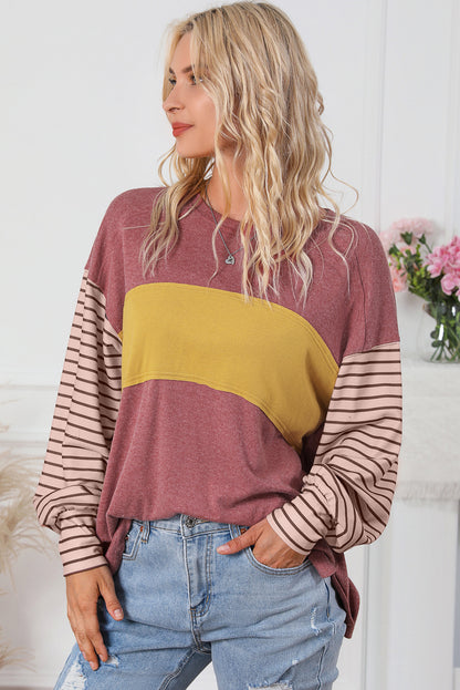 Peach Blossom Colorblock Striped Bishop Sleeve Top