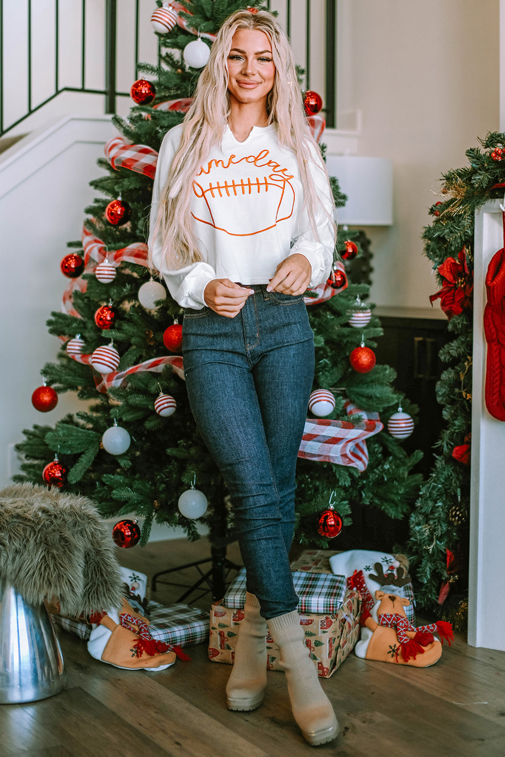 Orange Game Day Lettering Rugby Football Notched Neck Sweatshirt