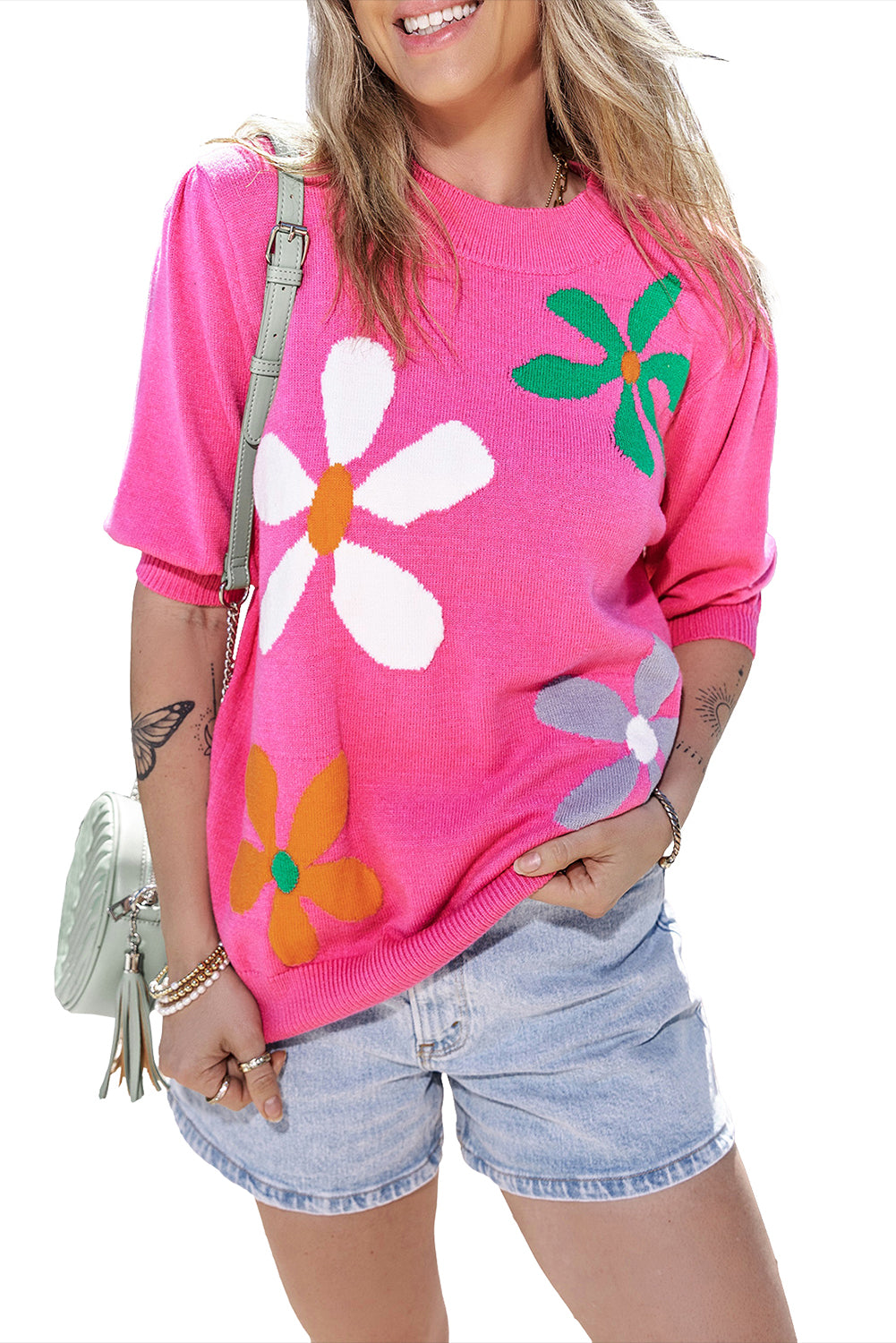 Bright Pink Floral Bubble Short Sleeve Sweater