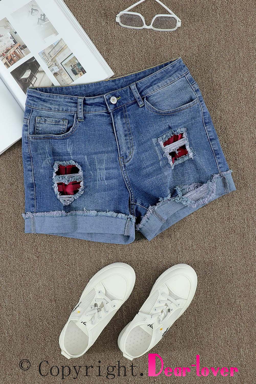 Casual Floral Patchwork Rolled Hem Denim Shorts