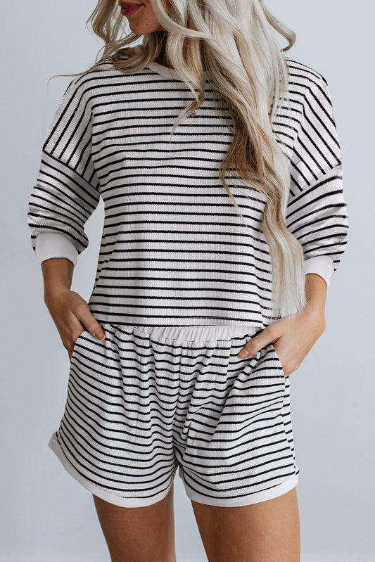 Black Stripe Textured 3/4 Sleeve Top and Shorts Set