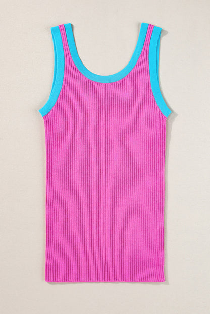 Black Colorblock Edge Ribbed Knit U Neck Tank Top