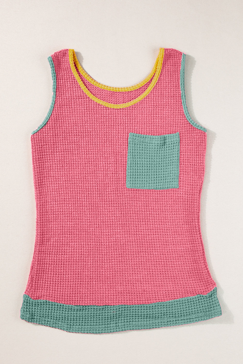 Rose Red Color Block Patched Pocket Breathable Knit Tank Top