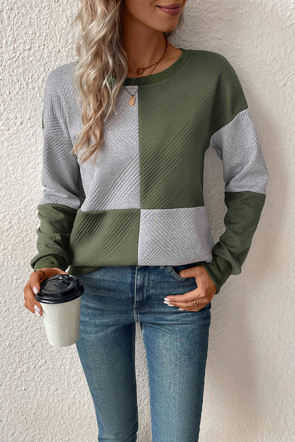 Perfee Textured Color Block Round Neck Sweatshirt