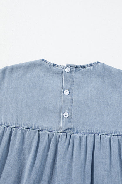 Beau Blue Ruffle Short Sleeve Tiered A-line Denim Dress