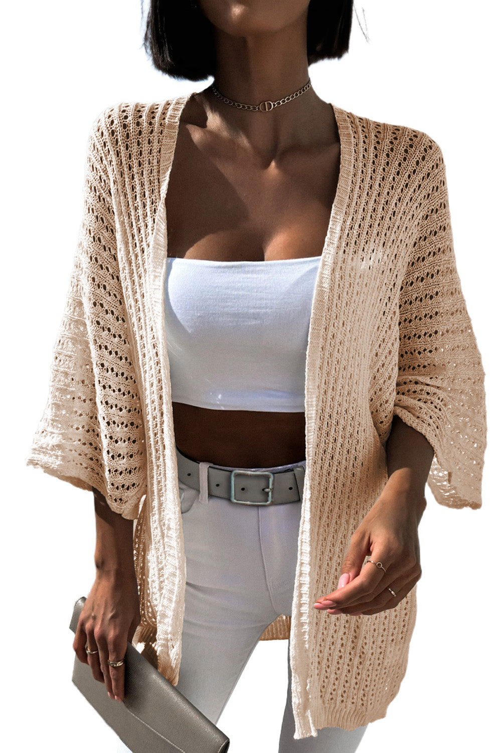 Black Hollow-out Bracelet Sleeve Knit Cardigan