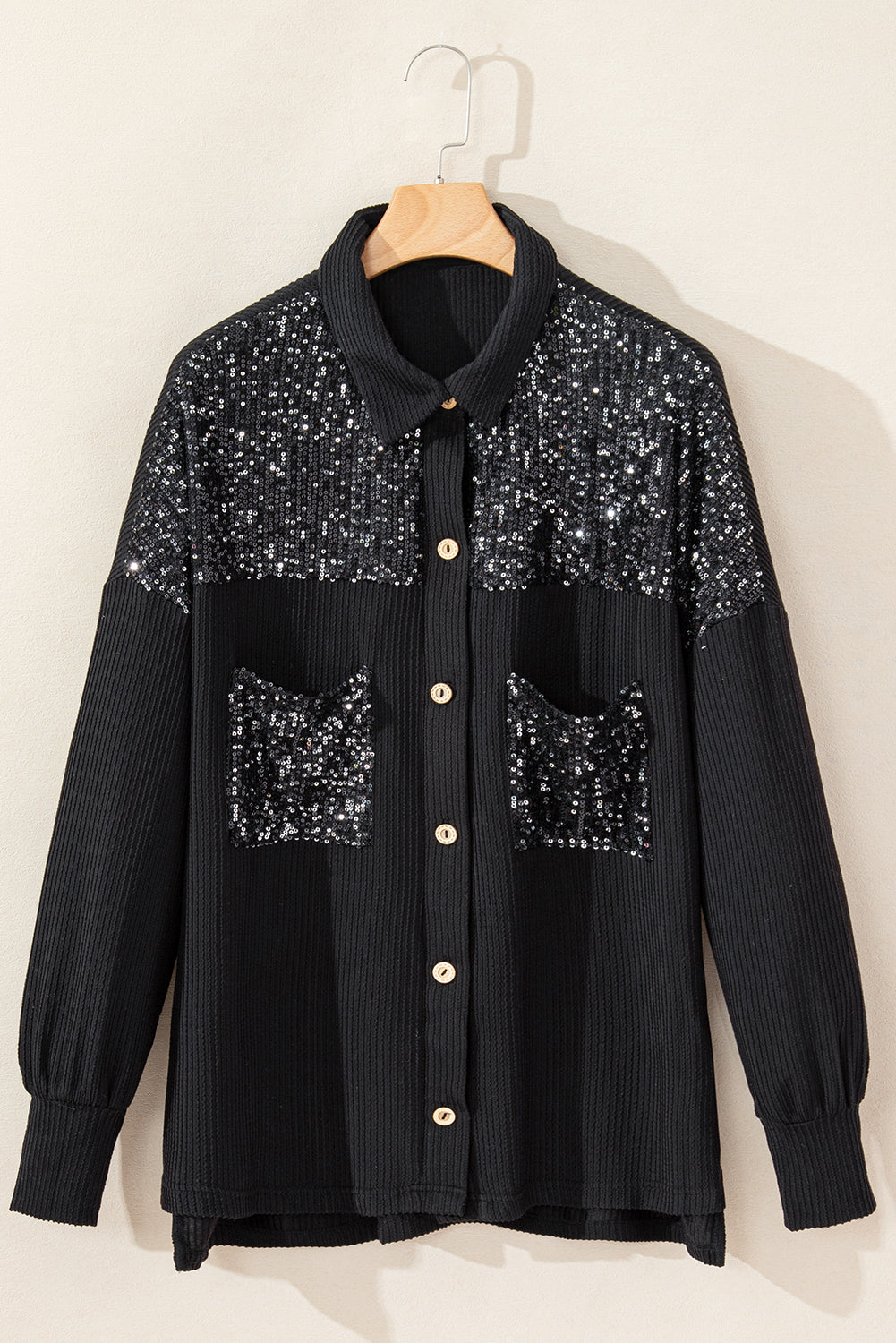 Parchment Sequin Patch Chest Pocket Corded Shacket