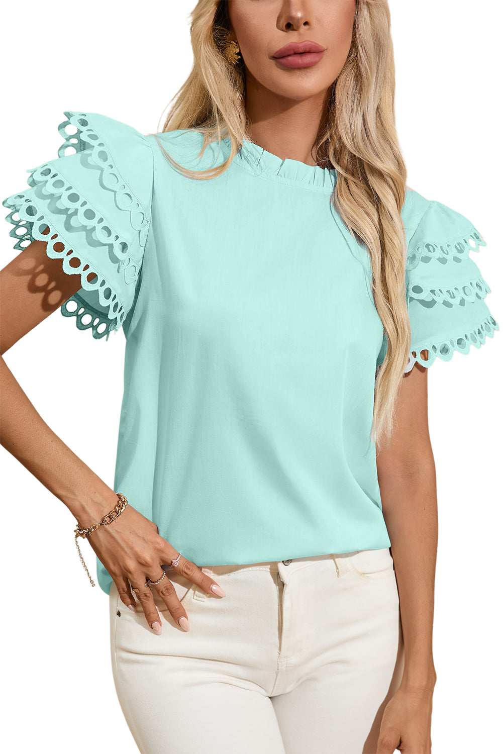 Mint Green Layered Ric Rac Cap Sleeve Frilled Neck Blouse