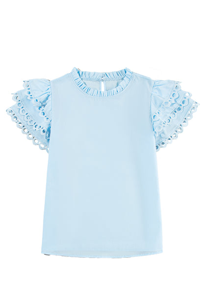 Mint Green Layered Ric Rac Cap Sleeve Frilled Neck Blouse