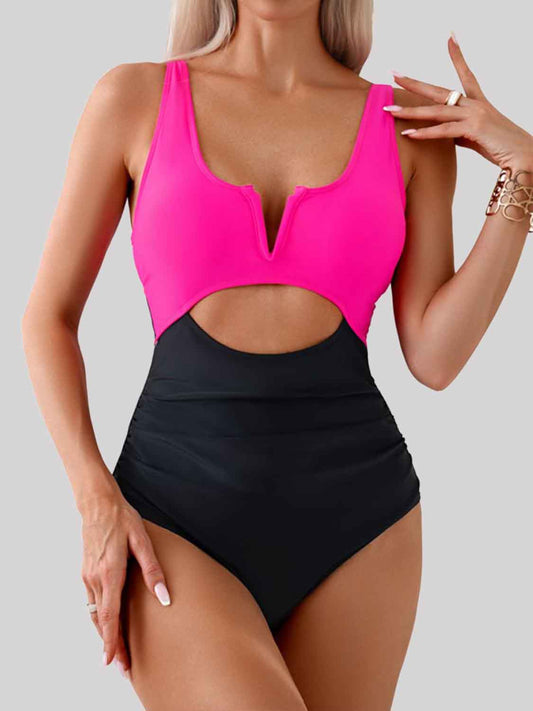 Tied Cutout Contrast One-Piece Swimwear – Stylish and Comfortable