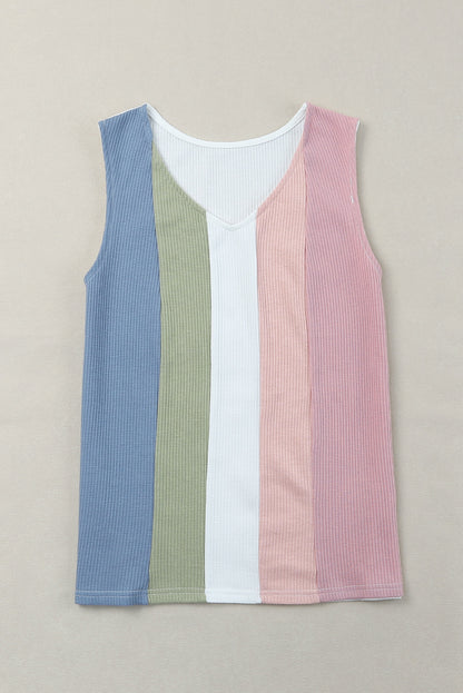 Multicolor Color Block V-Neck Waffle Knit Tank Top