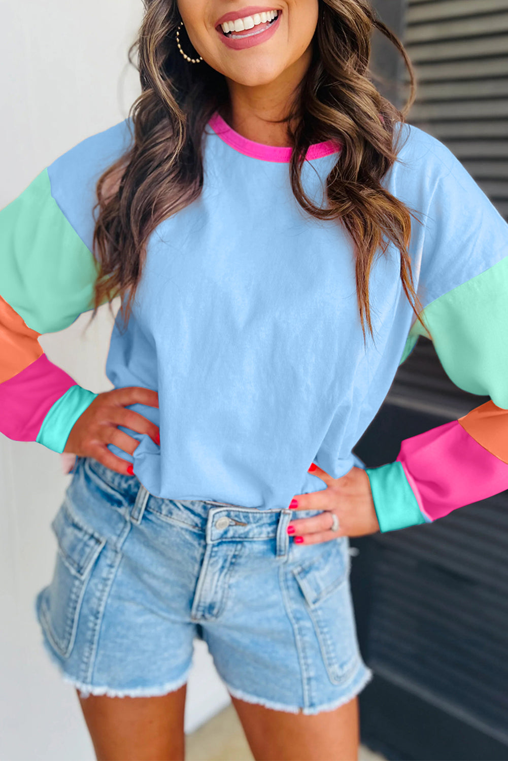 Light Blue Colorblock Patchwork Long Sleeve Loose Top