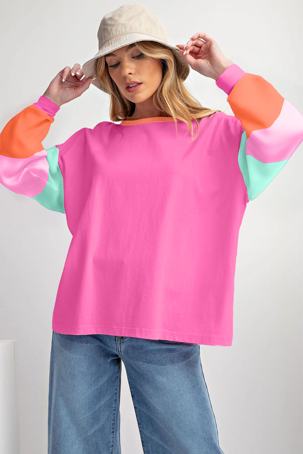 Light Blue Colorblock Patchwork Long Sleeve Loose Top