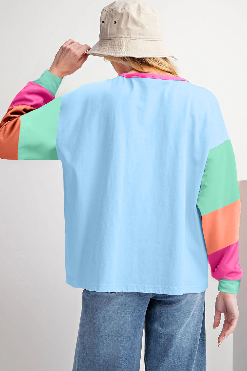 Light Blue Colorblock Patchwork Long Sleeve Loose Top