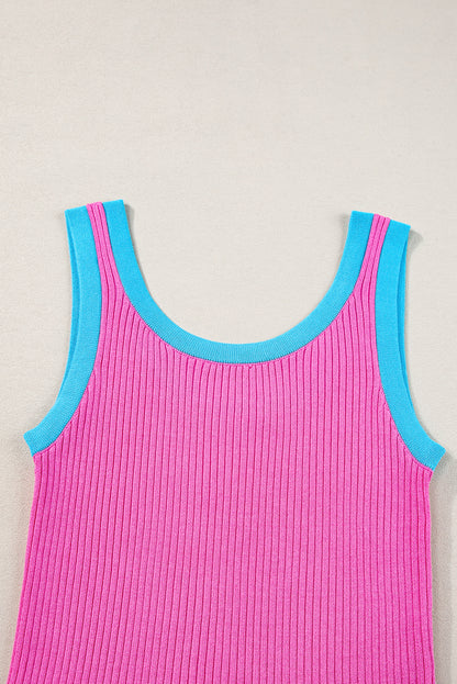 Black Colorblock Edge Ribbed Knit U Neck Tank Top