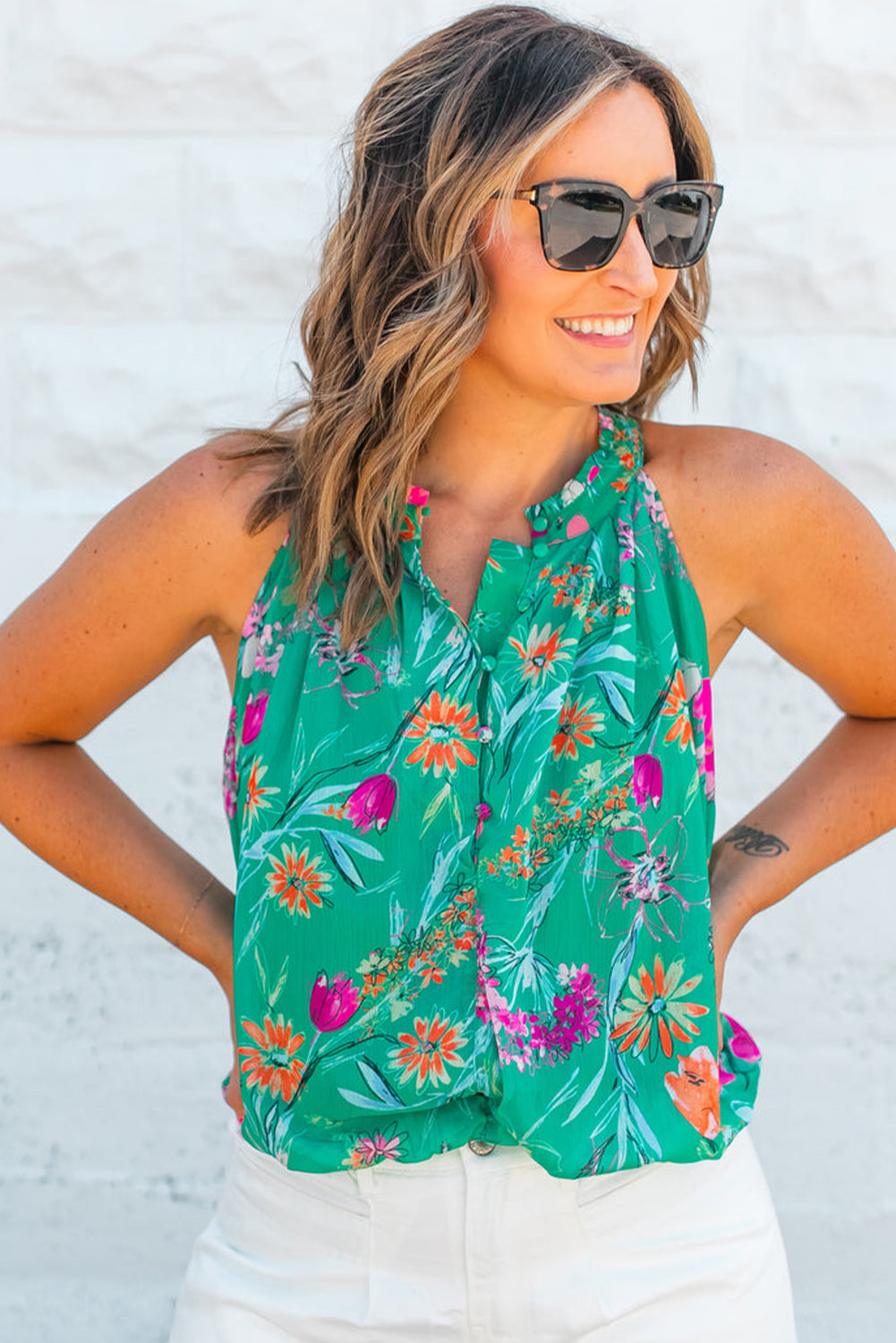 Sky Blue Floral Print Buttoned Neckline Tank Top