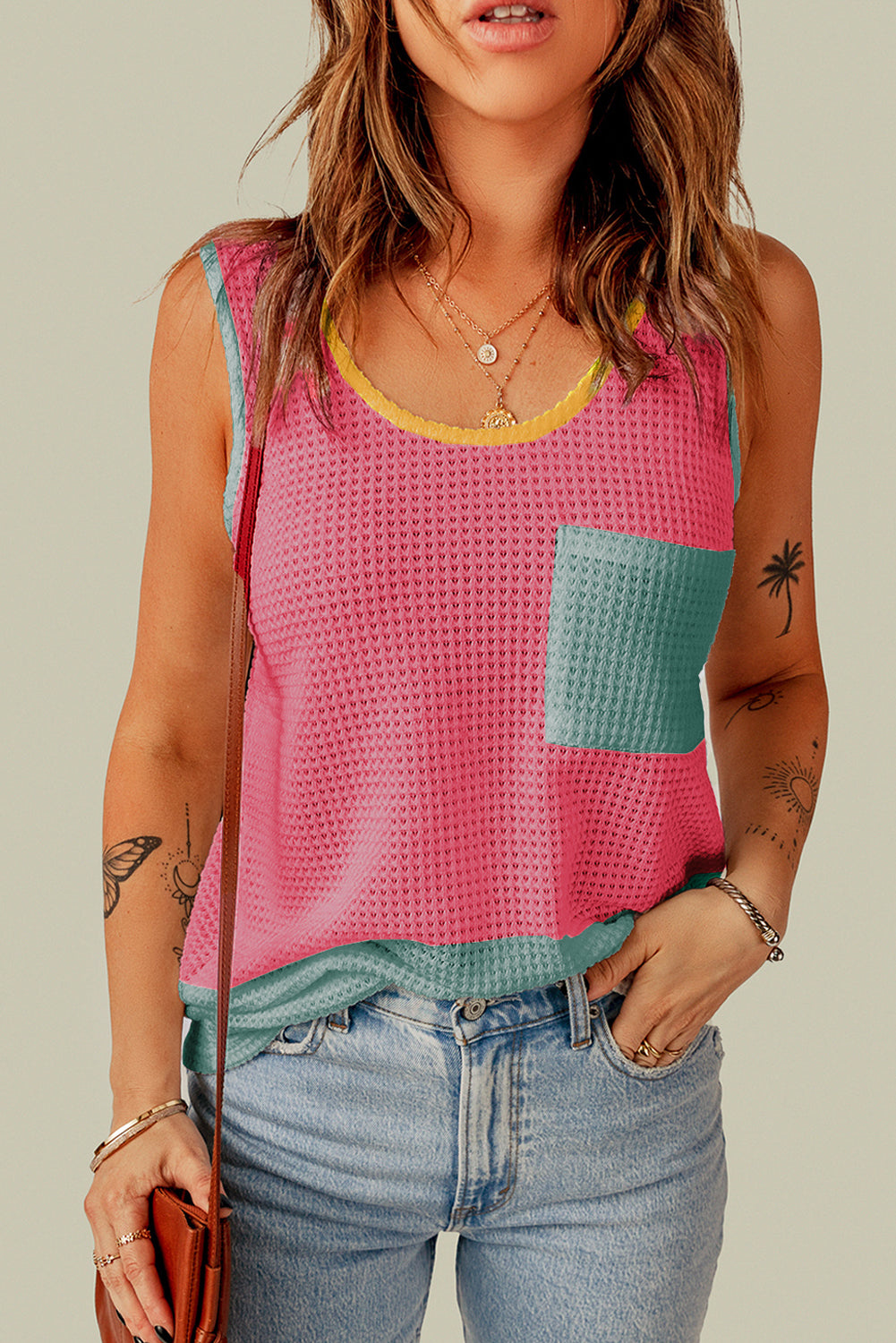 Rose Red Color Block Patched Pocket Breathable Knit Tank Top