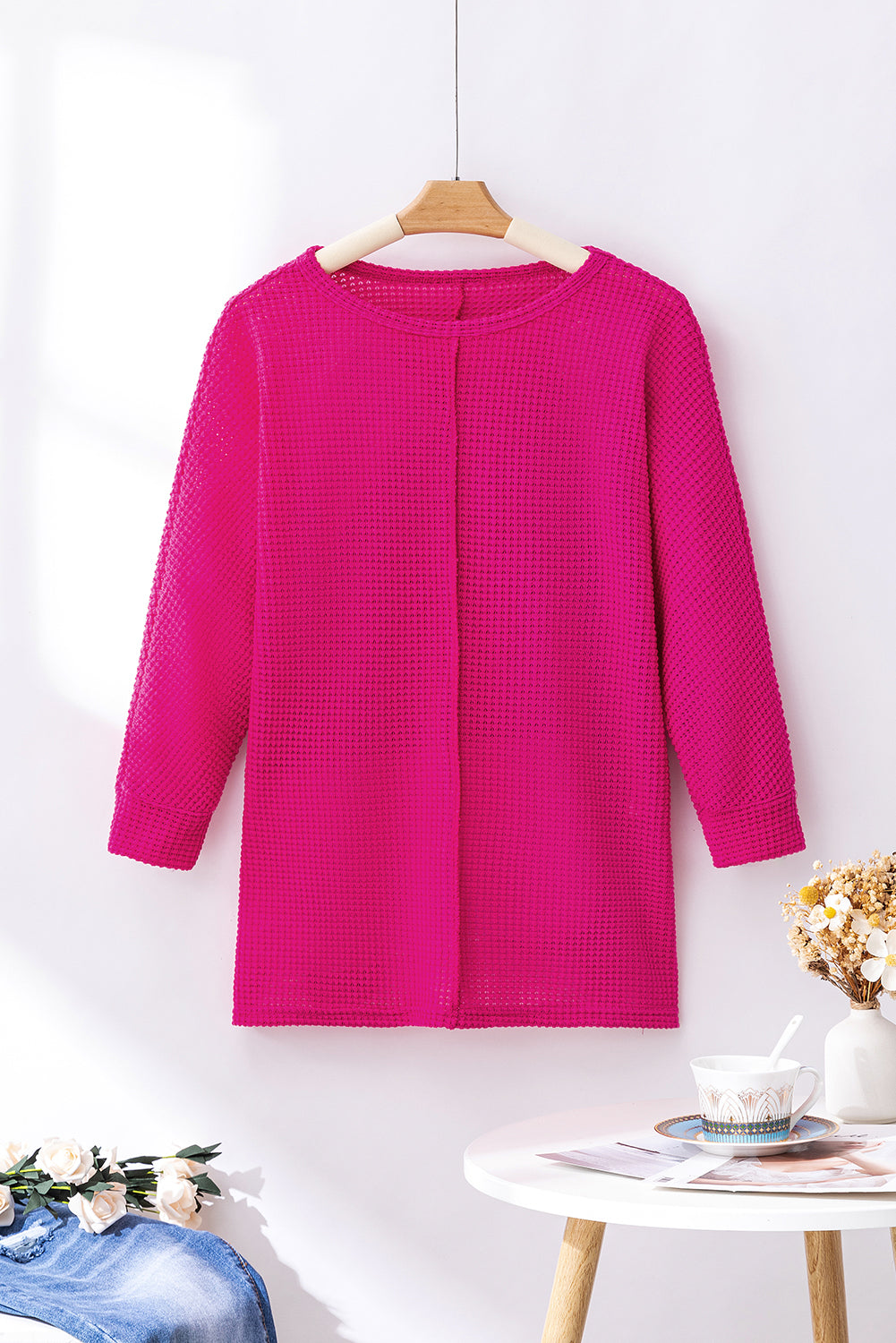 Rose Red Textured Center Seam Long Sleeve Split Top