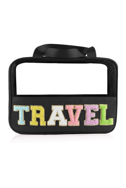 Black TRAVEL Chenille Letter Clear PVC Makeup Bag