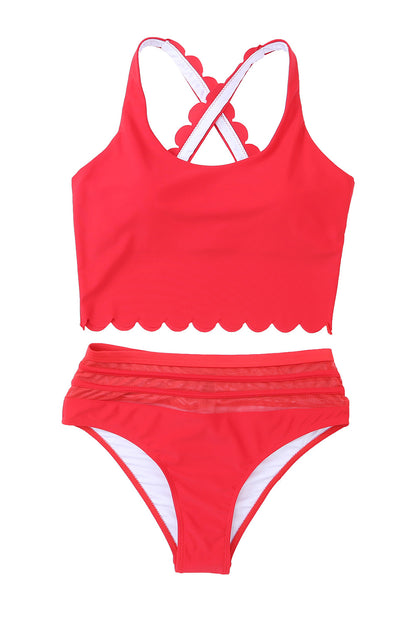 Pink Scalloped Criss Cross High Waist Bikini