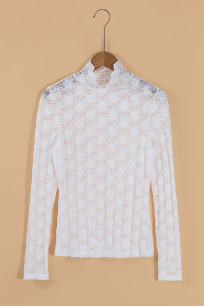 White Floral Lace High Neck Long Sleeve Top