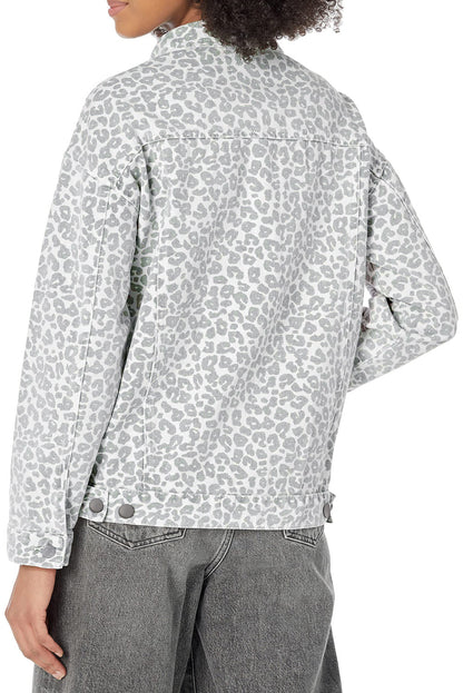 White Leopard Printed Flap Pocket Denim Jacket