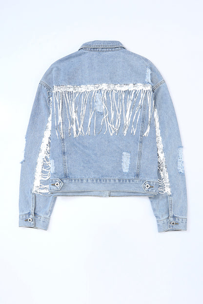 Sky Blue Sequin Embellished Fringe Distressed Denim Jacket