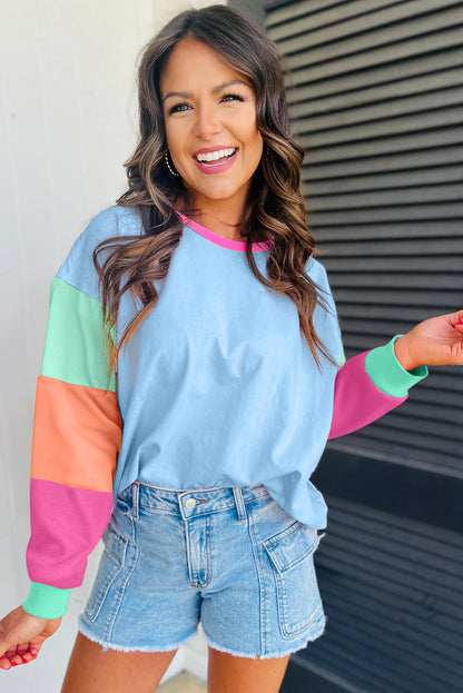 Light Blue Colorblock Patchwork Long Sleeve Loose Top