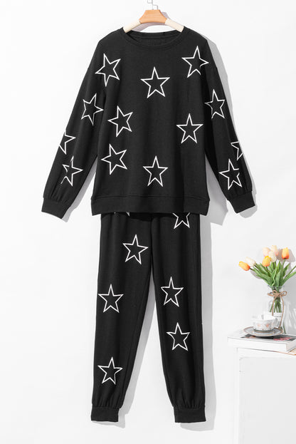 Gray Stars Print Long Sleeve Drawstring High Waist Lounge Set