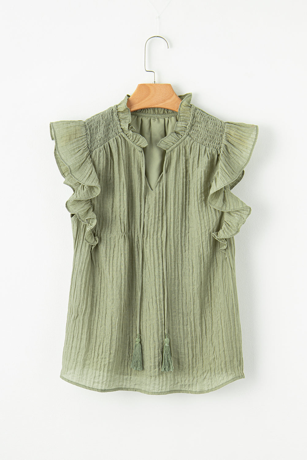 Meadow Mist Green V Neck Flutter Sleeve Textured Blouse