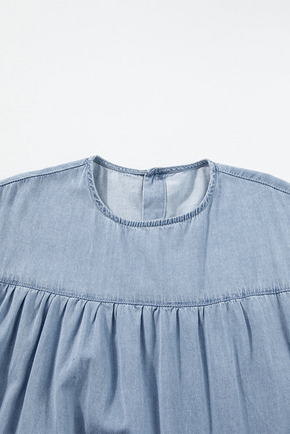 Beau Blue Ruffle Short Sleeve Tiered A-line Denim Dress