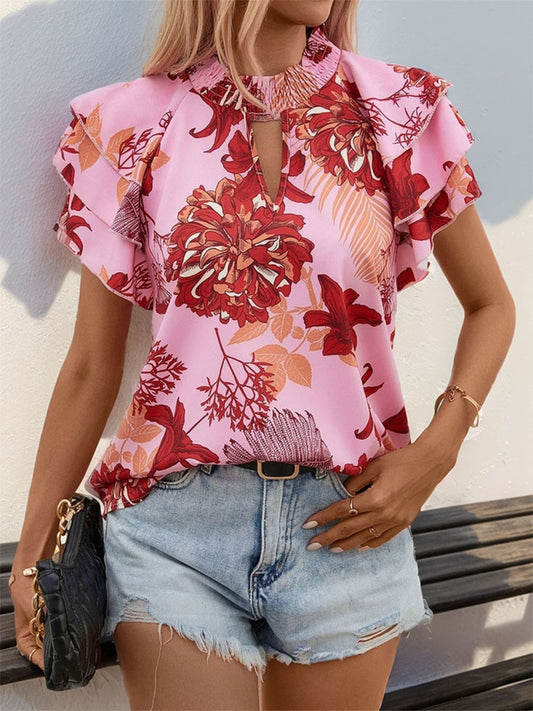 Perfee Ruffled Printed Round Neck Short Sleeve Blouse