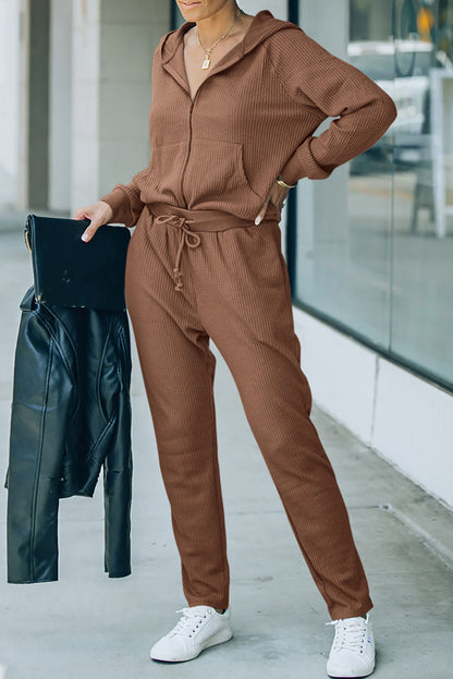 Brown Waffle Knit Zip-Up Hoodie and Pants Athleisure Outfit