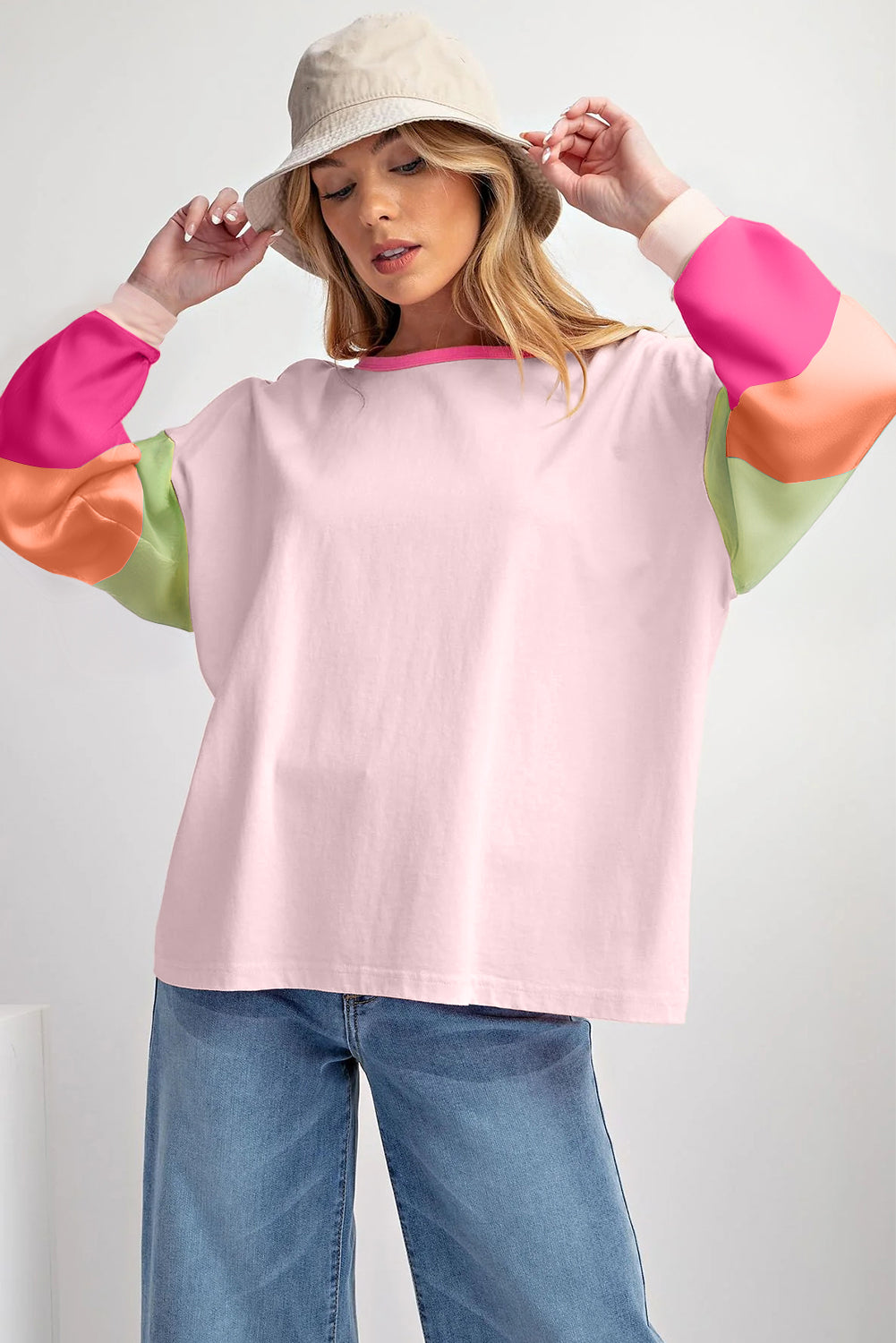 Light Blue Colorblock Patchwork Long Sleeve Loose Top