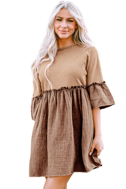 Khaki Waffle Crinkle Patchwork Frilled Flare Dress