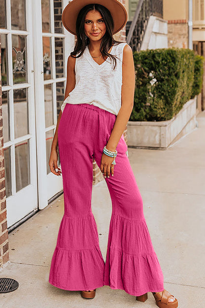 Black Textured High Waist Ruffled Bell Bottom Pants