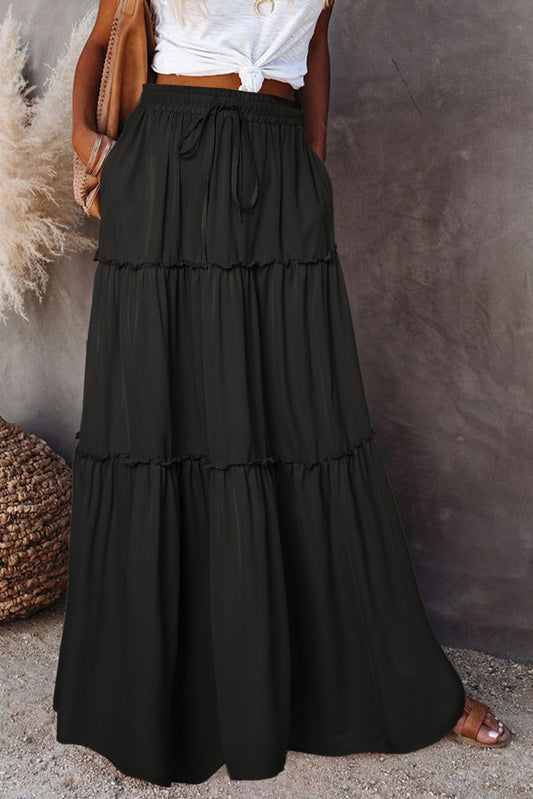 Black Frill Tiered Drawstring Waist Maxi Skirt