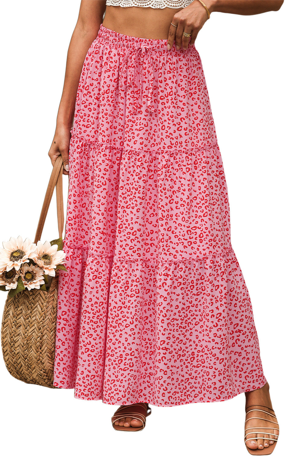 Pink Leopard Print Frilled Drawstring High Waist Maxi Skirt