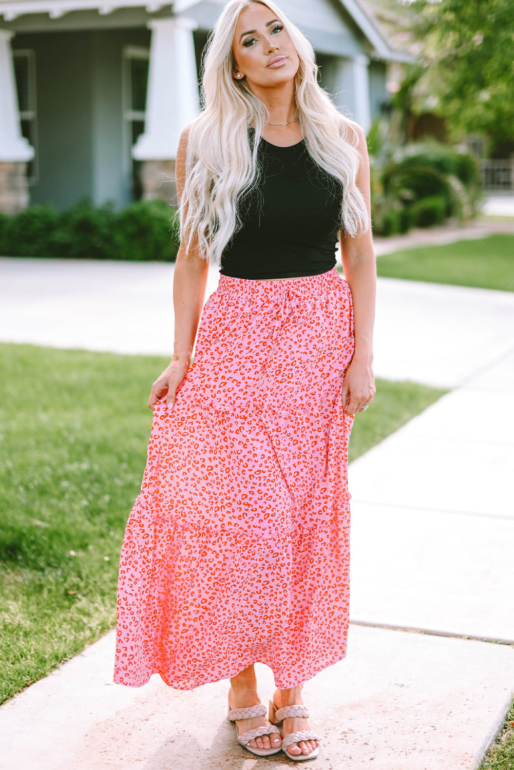 Pink Leopard Print Frilled Drawstring High Waist Maxi Skirt