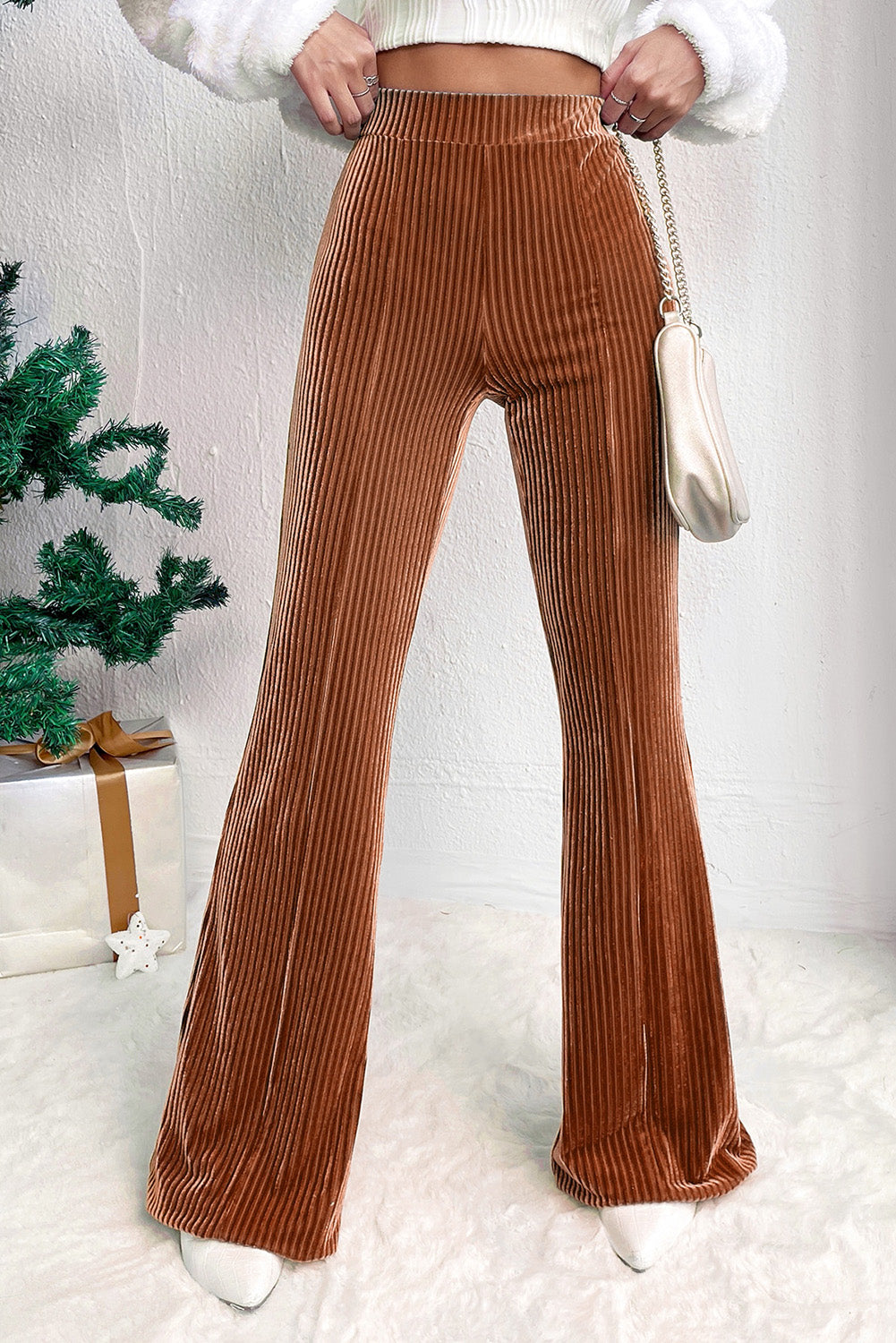 Dusty Pink Solid Color High Waist Flare Corduroy Pants