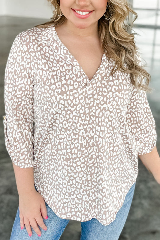 Apricot Leopard Tab Sleeve V Neck Plus Size Top