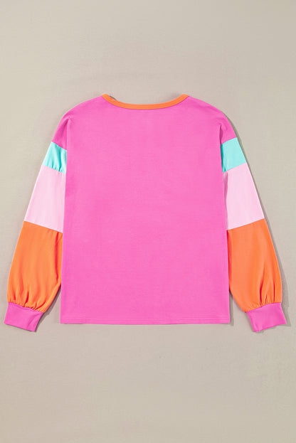 Light Blue Colorblock Patchwork Long Sleeve Loose Top