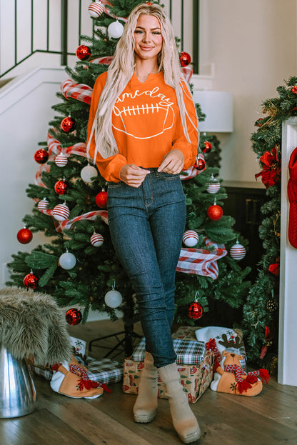 Orange Game Day Lettering Rugby Football Notched Neck Sweatshirt