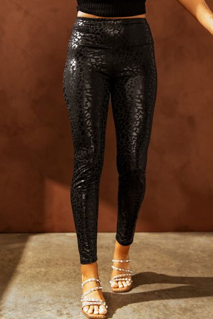 Black Shiny Leopard Textured Leggings