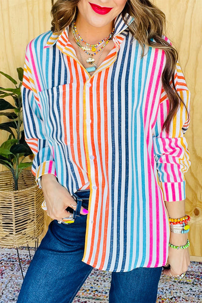 Orange Stripe Multicolor Drop Shoulder Loose Shirt