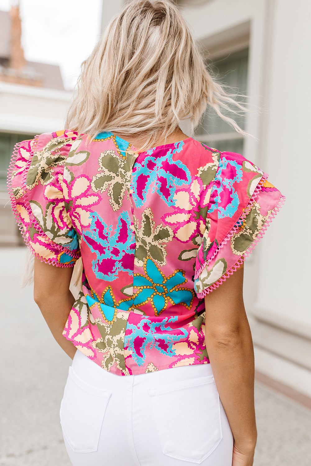 Multicolor Vibrant Floral Print Trimmed Ruffle Sleeve Blouse