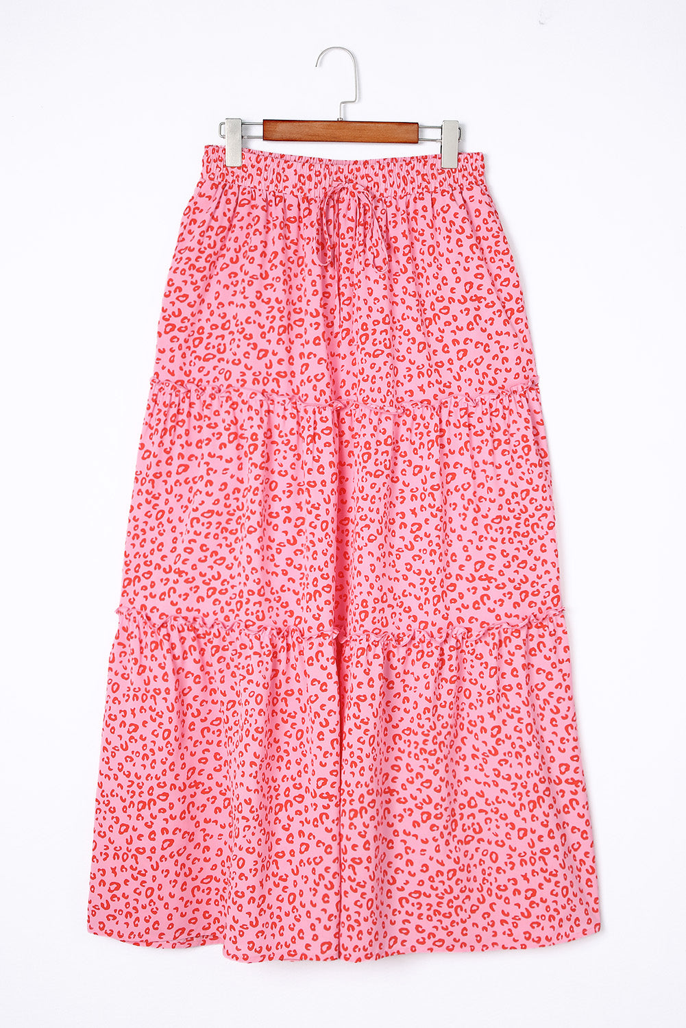 Pink Leopard Print Frilled Drawstring High Waist Maxi Skirt