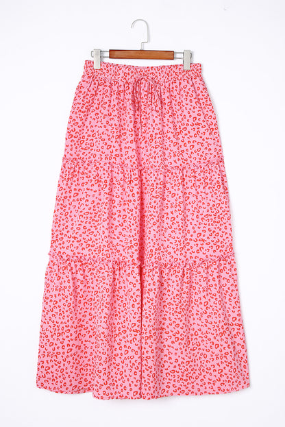 Pink Leopard Print Frilled Drawstring High Waist Maxi Skirt