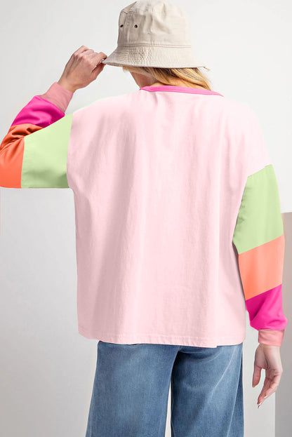 Light Blue Colorblock Patchwork Long Sleeve Loose Top